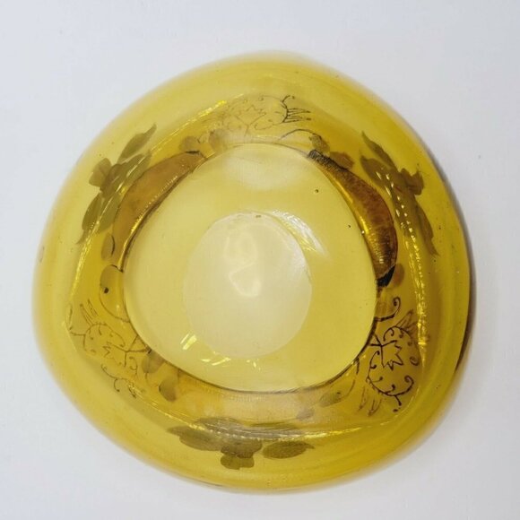 Vintage Amber Blown Glass Ashtray Hand Painted Flowers Gold Gilt Painting - Picture 7 of 10